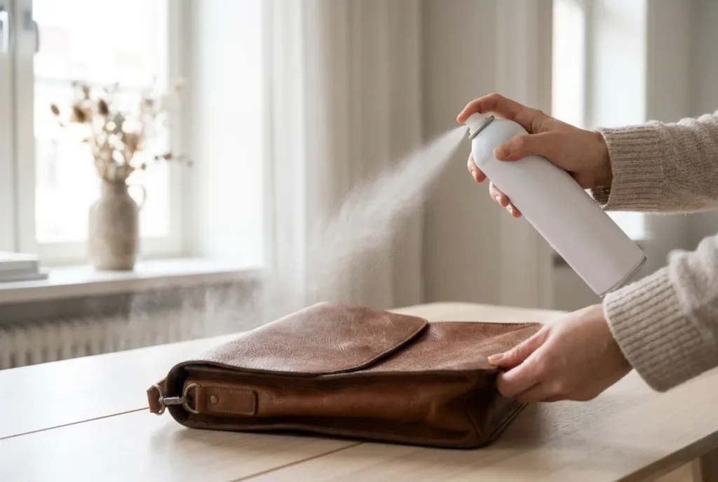 Hand som sprayar impregneringsspray på en brun läderväska på ett ljust träbord.